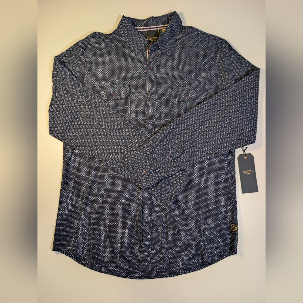 Six Lincoln NY Mens Large NWT Navy Blue Cross Pattern Long Sleeve Button Down